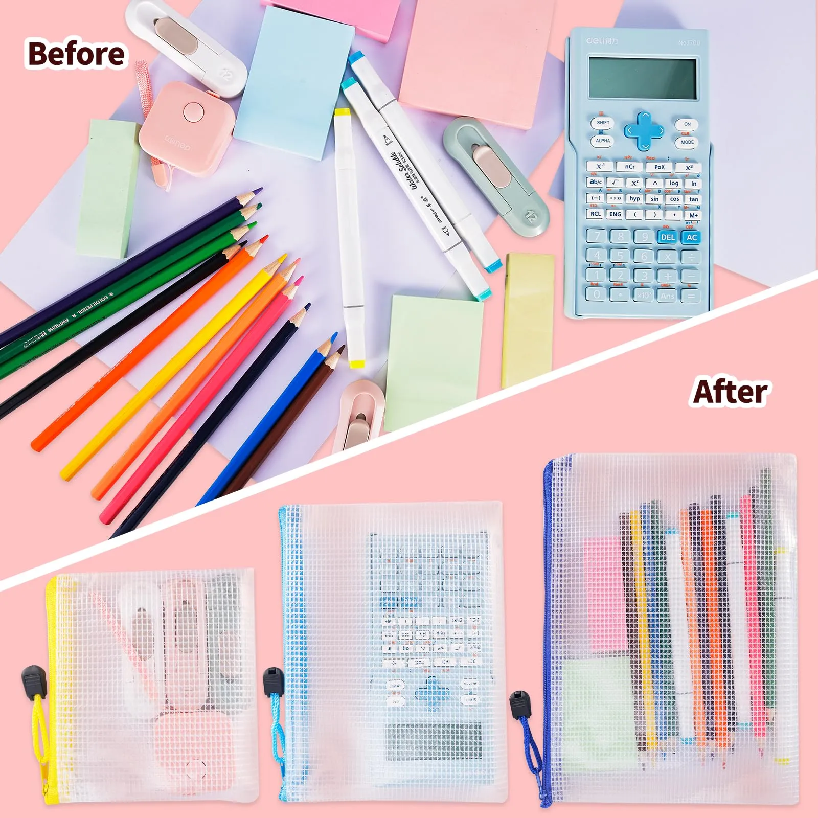 24pcs Mesh Zipper Pouch Bags - 8 Sizes Plastic Zipper Pouches for Organization, Mesh Bags with Zipper, Waterproof Clear Travel Pouches, UMETDO File Bag with Zipper for Office Supplies