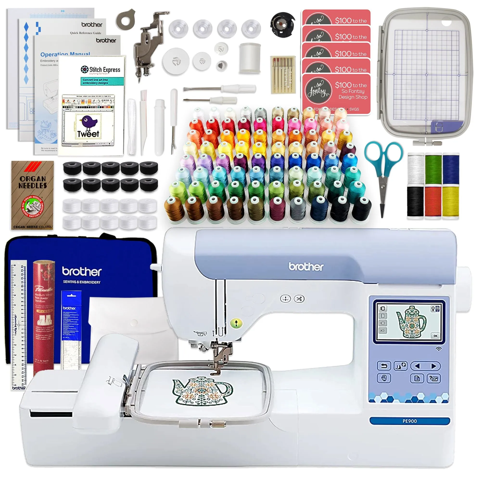 Brother PE900 5" x 7" Embroidery Machine w/ Embroidery Kit & Digitizing Bundle