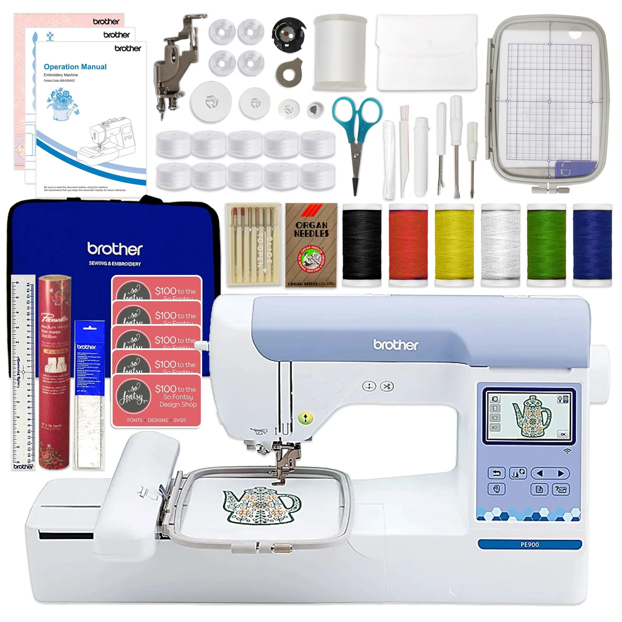 Brother PE900 5" x 7" Embroidery Machine w/ Embroidery Kit & Thread Bundle