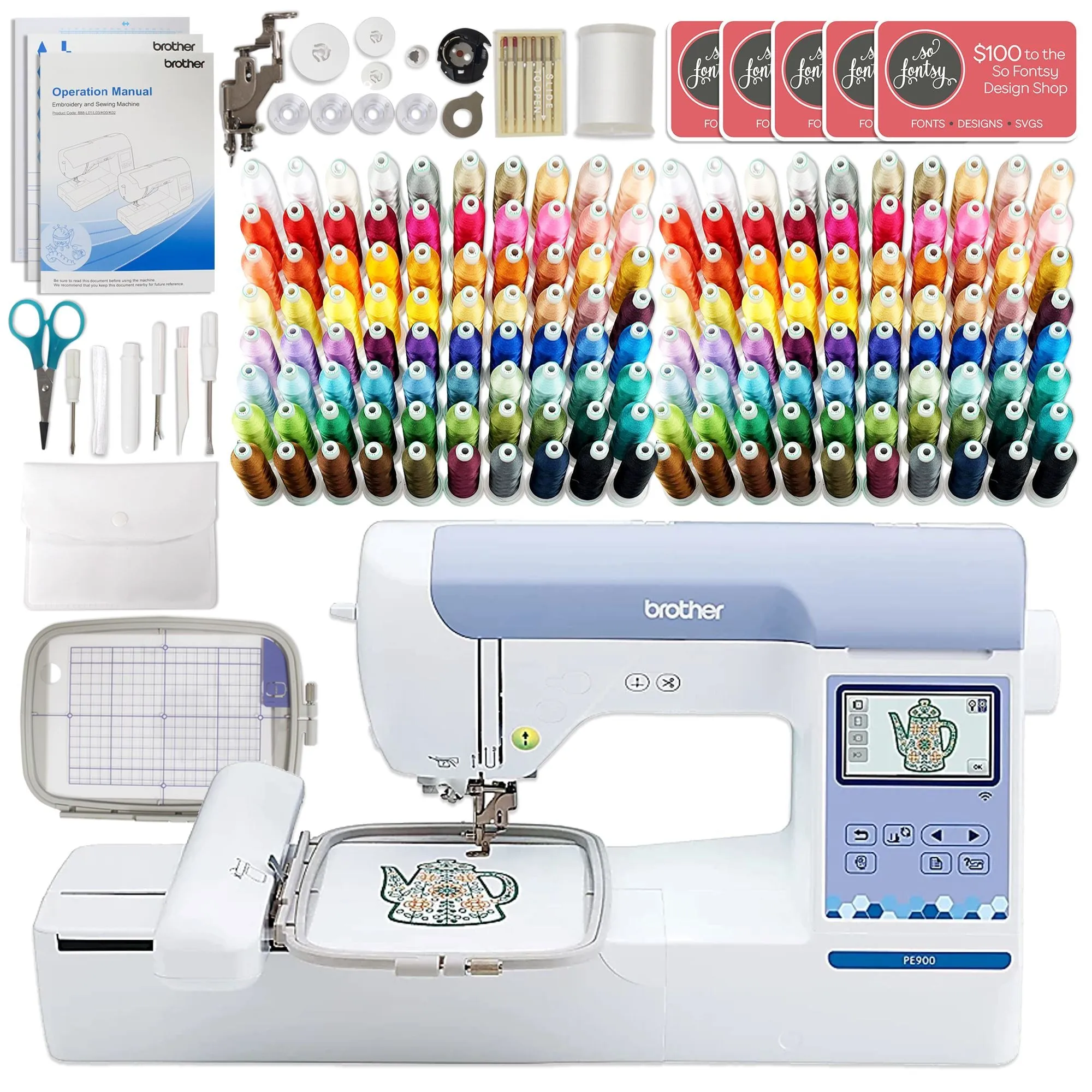 Brother PE900 5" x 7" Embroidery Machine with 160 Embroidery Spools Bundle