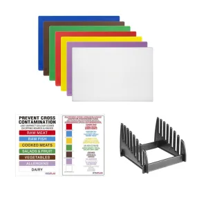 CH041 Hygiplas Low Density Chopping Boards Set with Rack (Set of 7 - 10mm High)