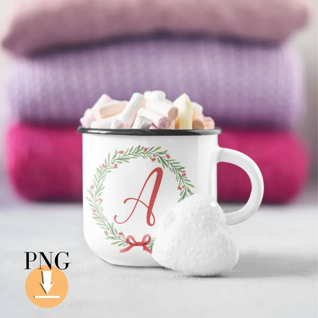 Christmas letters, Watercolor floral alphabet, Wreath monogram, PNG initial clipart