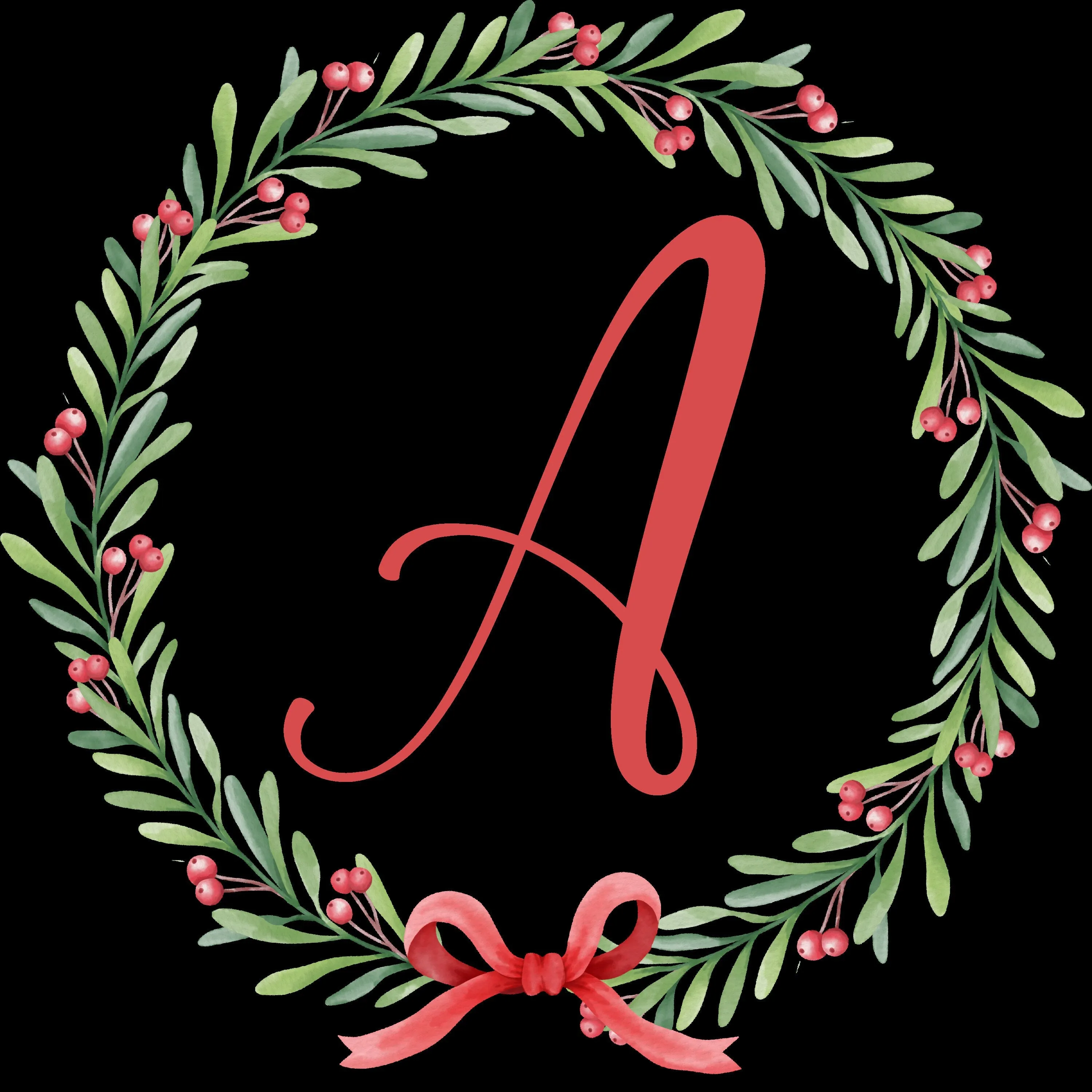 Christmas letters, Watercolor floral alphabet, Wreath monogram, PNG initial clipart