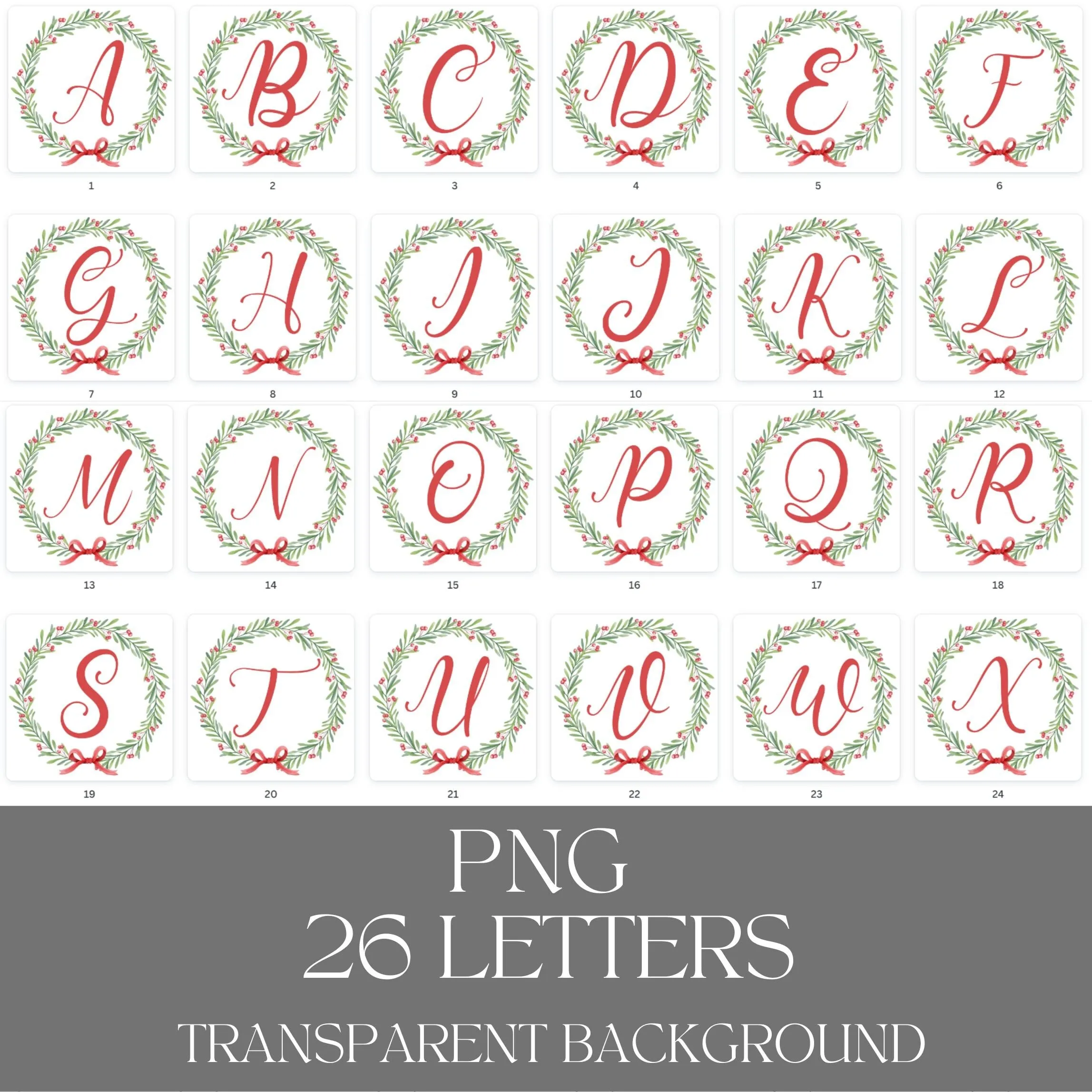 Christmas letters, Watercolor floral alphabet, Wreath monogram, PNG initial clipart