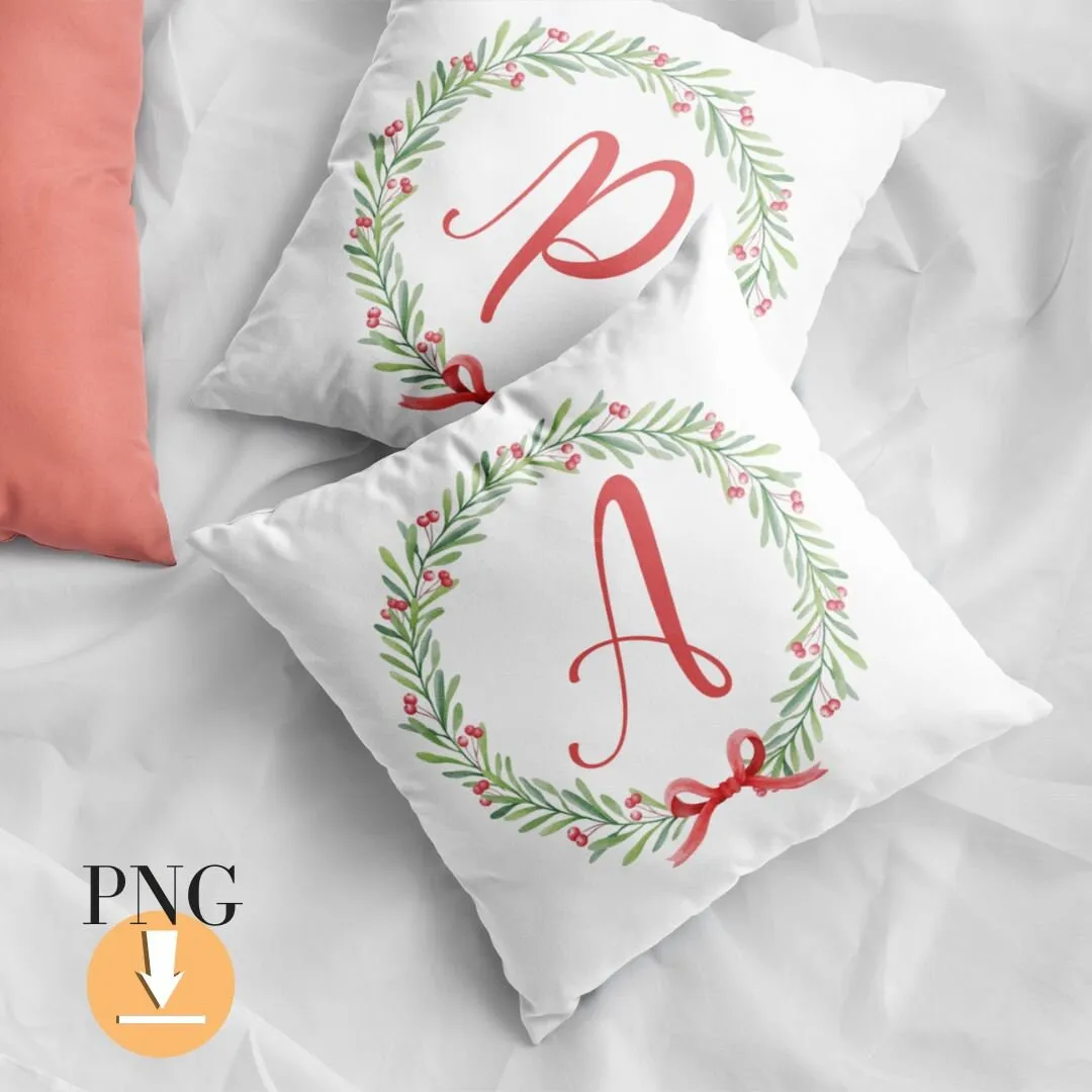 Christmas letters, Watercolor floral alphabet, Wreath monogram, PNG initial clipart