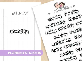 Days of the Week - Bubble Text Lower Planner Stickers