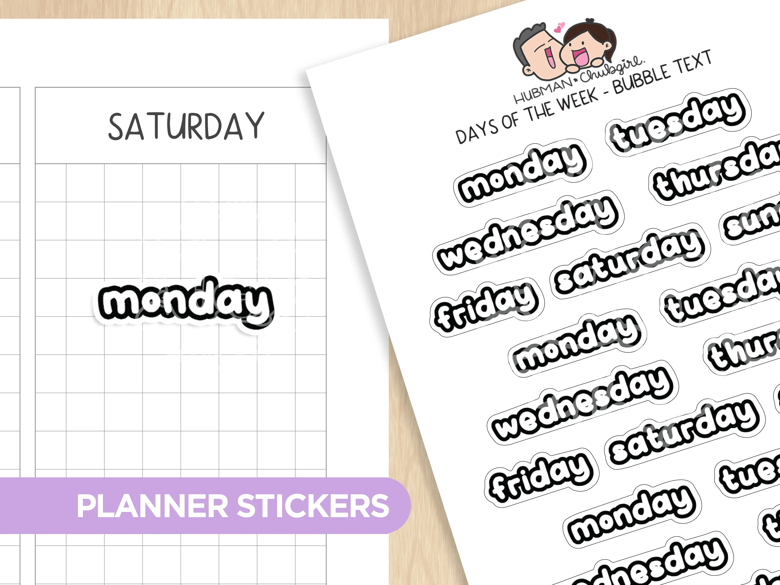 Days of the Week - Bubble Text Lower Planner Stickers