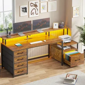 Home Office Desk with File Drawer & Power Outlet, 66'' Computer Desk with 5 Drawer,Storage Shelves,Printer Cabinet&Monitor Shelf