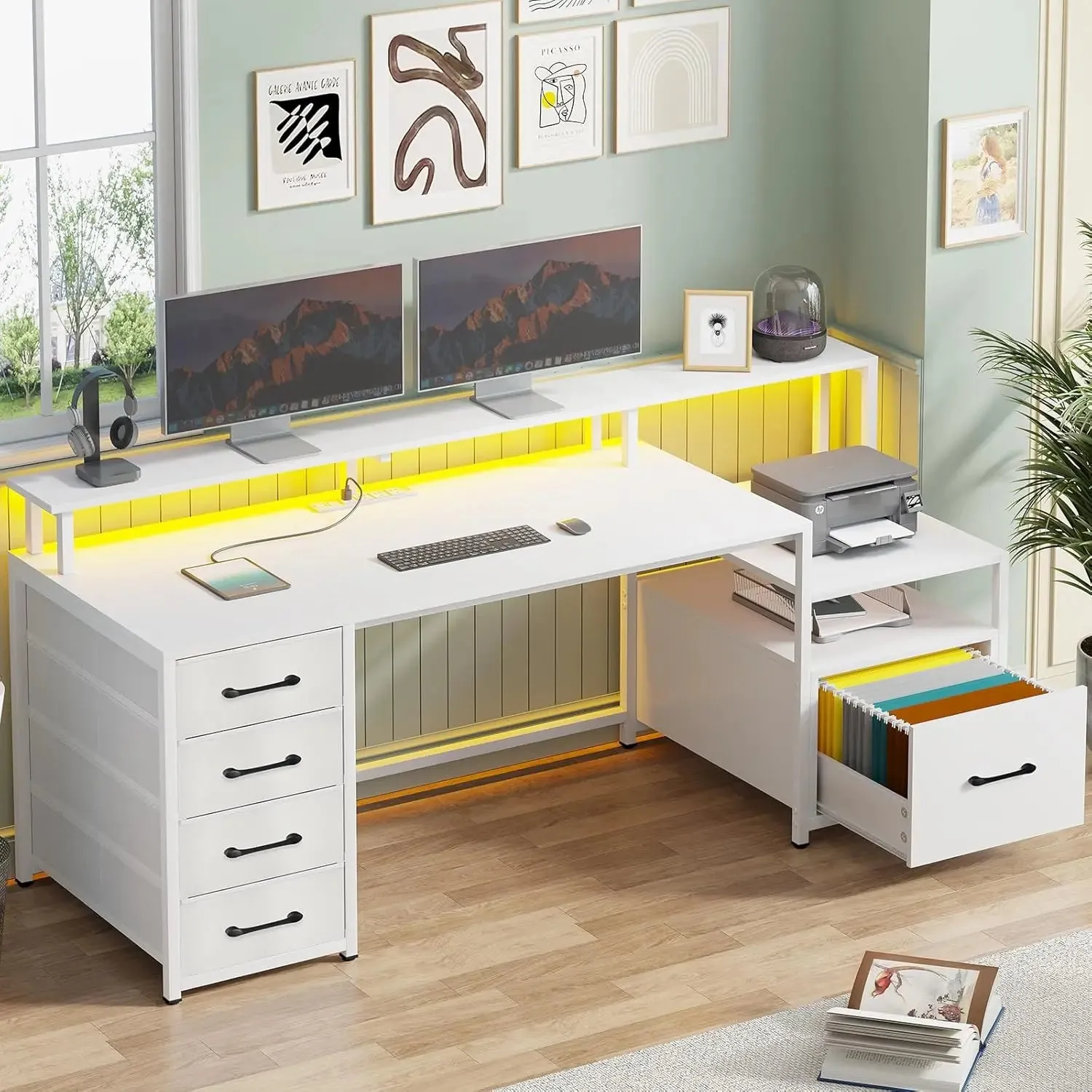 Home Office Desk with File Drawer & Power Outlet, 66'' Computer Desk with 5 Drawer,Storage Shelves,Printer Cabinet&Monitor Shelf