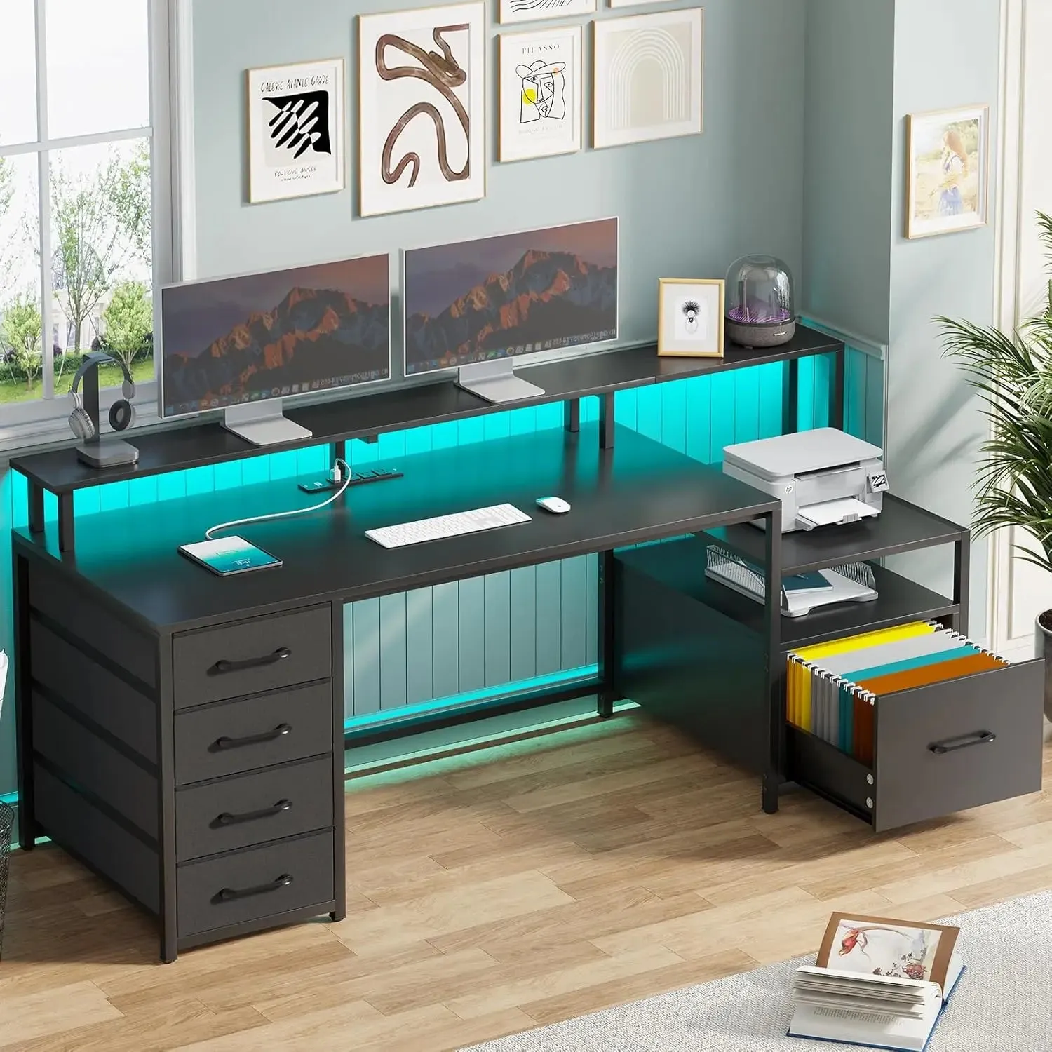 Home Office Desk with File Drawer & Power Outlet, 66'' Computer Desk with 5 Drawer,Storage Shelves,Printer Cabinet&Monitor Shelf