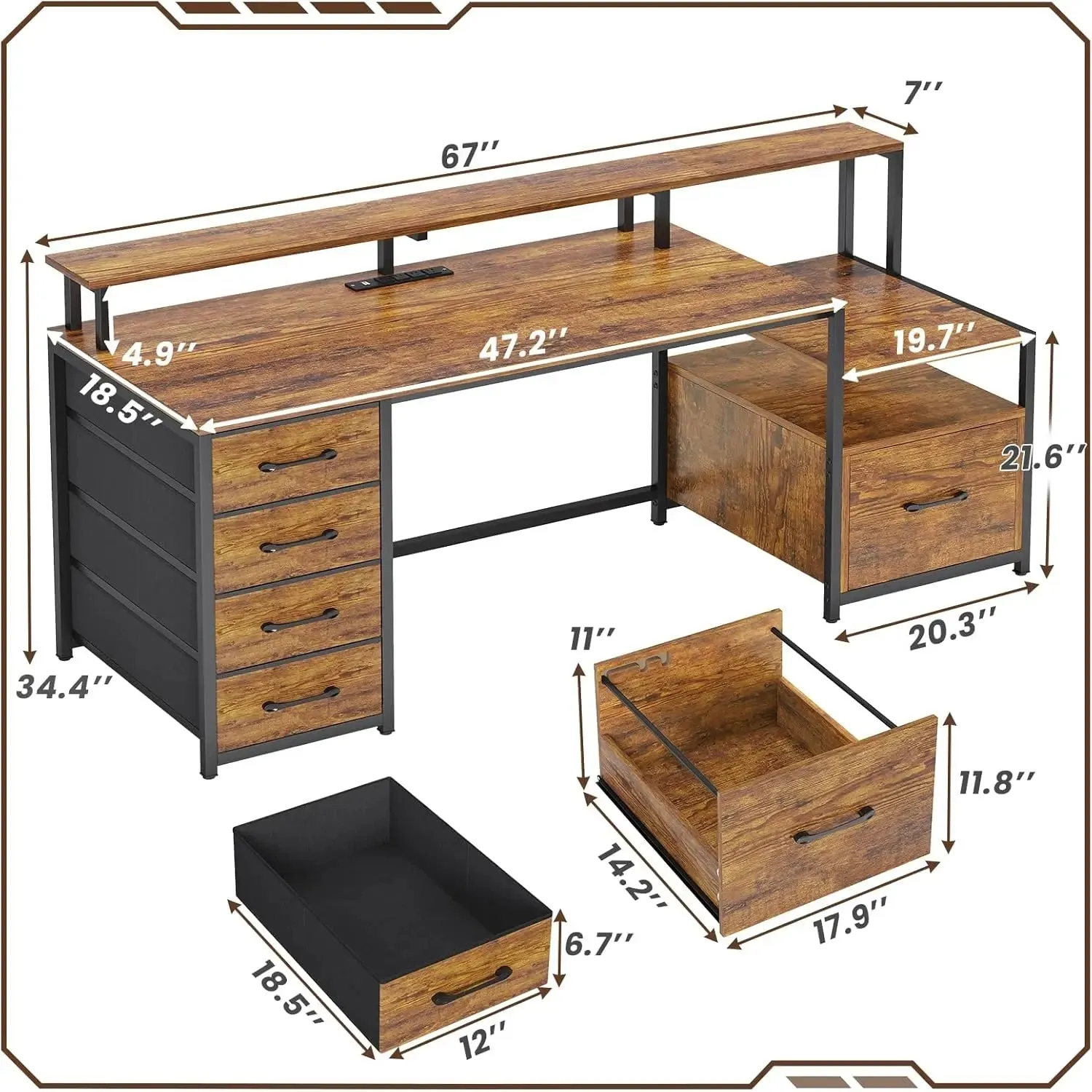 Home Office Desk with File Drawer & Power Outlet, 66'' Computer Desk with 5 Drawer,Storage Shelves,Printer Cabinet&Monitor Shelf