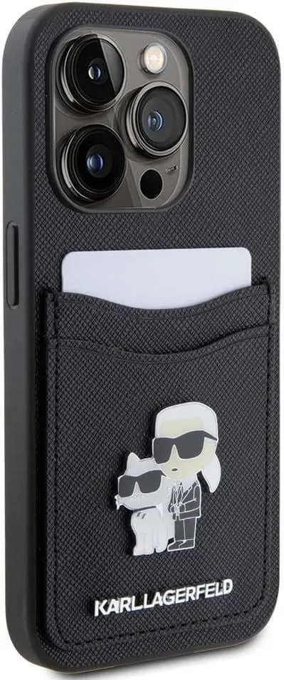 Karl Lagerfeld Saffiano Card Slot Karl & Choupette Metal Pin Case for iphone 15 Pro 6.1" Black - KLHCP15LSAPLCNPK