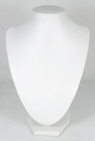 Necklace display. 13-1/2" H/9" W. White faux leather covered.
