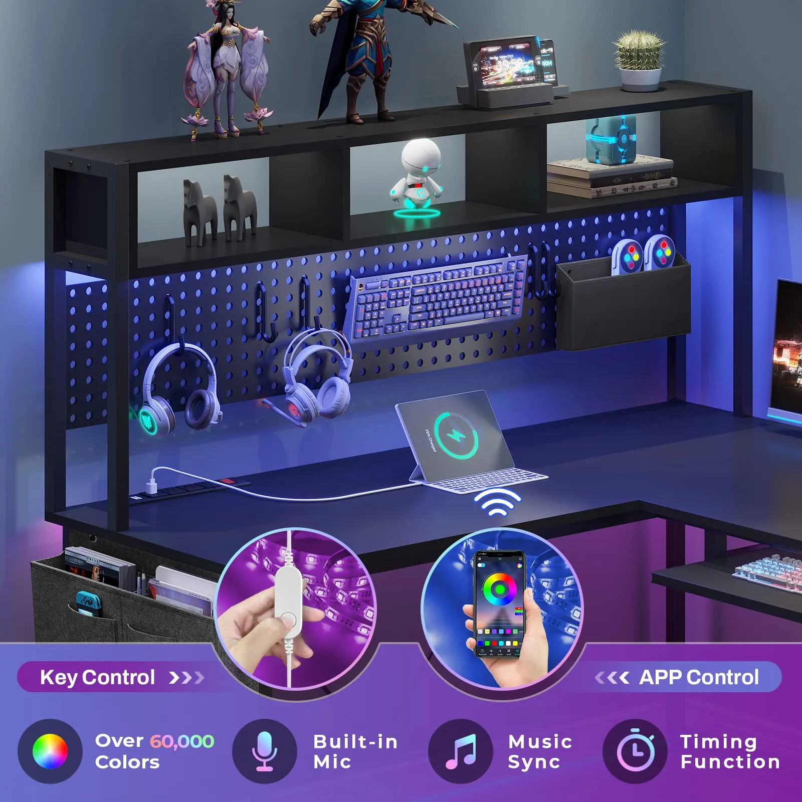 SEDETA L Shaped Gaming Desk, Reversible Computer Desk with Power Outlet and Pegboard, Gaming Desk with Led Lights, Keyboard Tray and Storage Bag for Home Office, Black