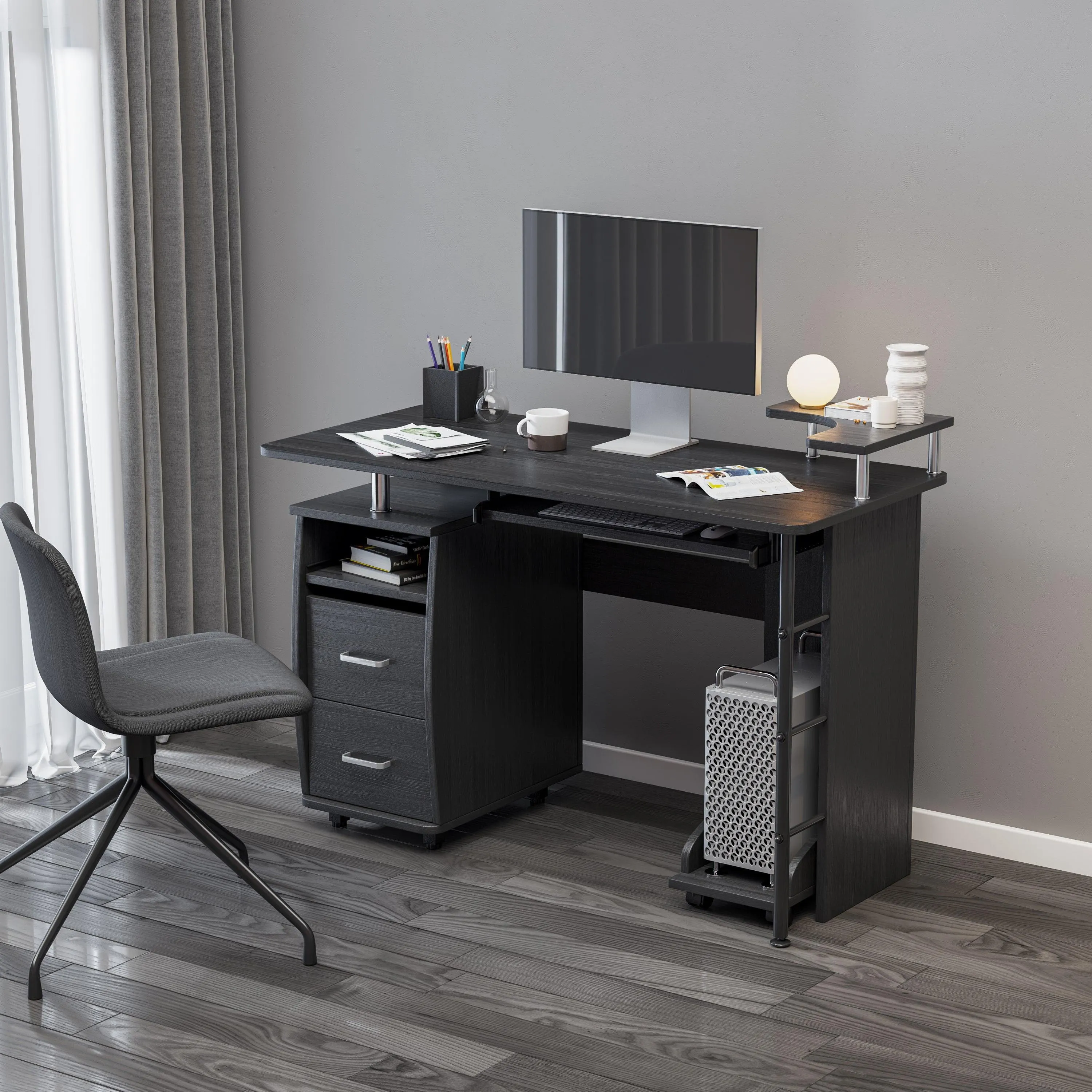 solid wood computer Desk,office table with PC droller,Storage shelves and file cabinet , two drawers, CPU tray,a shelf  used for planting, single , black. 47.24''L 21.65''W 34.35''H