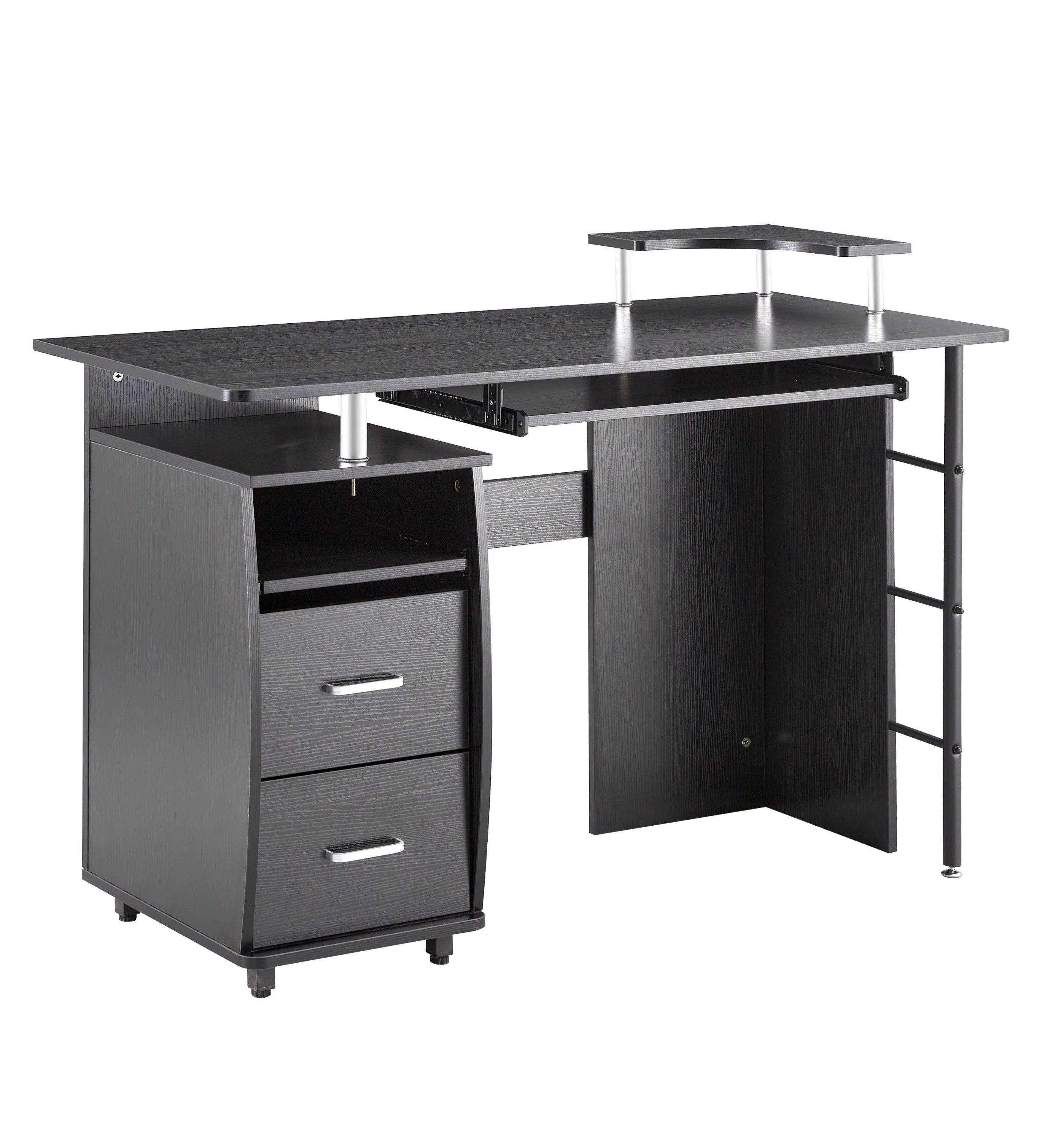 solid wood computer Desk,office table with PC droller,Storage shelves and file cabinet , two drawers, CPU tray,a shelf  used for planting, single , black. 47.24''L 21.65''W 34.35''H