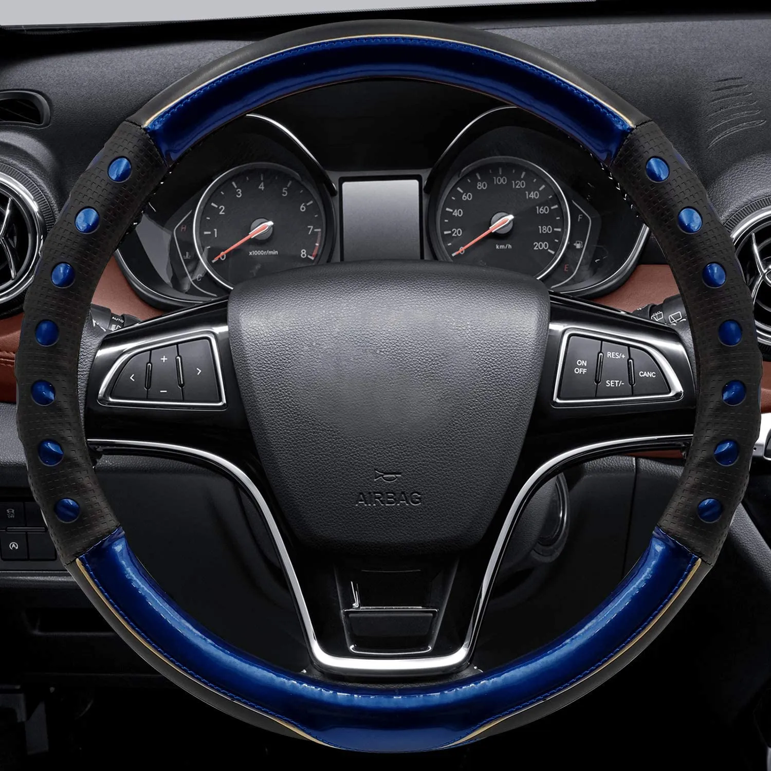 Universal Fit Leather Steering Wheel Cover with Blue Sport Grip,