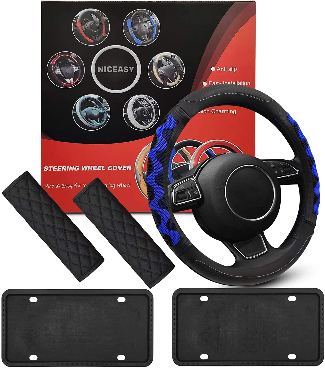 Universal Fit Leather Steering Wheel Cover with Blue Sport Grip,