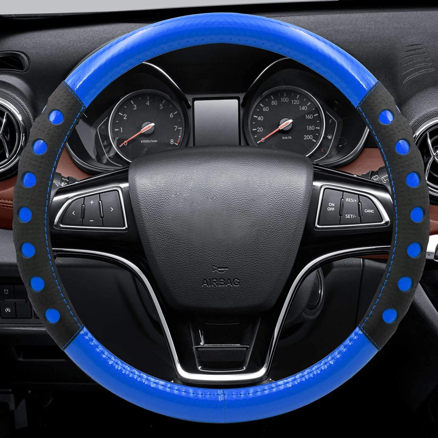 Universal Fit Leather Steering Wheel Cover with Blue Sport Grip,