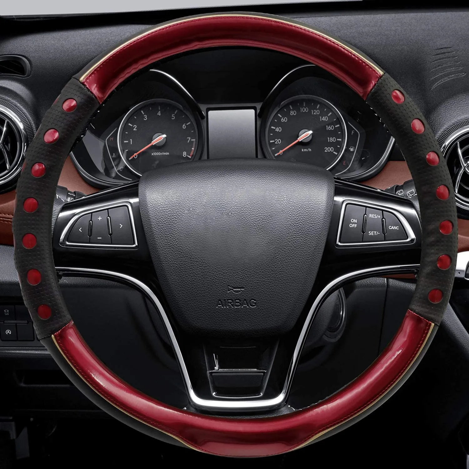 Universal Fit Leather Steering Wheel Cover with Blue Sport Grip,