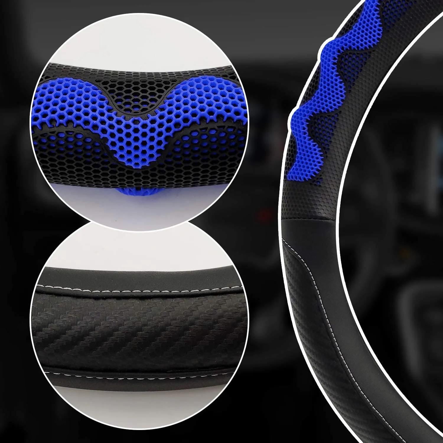 Universal Fit Leather Steering Wheel Cover with Blue Sport Grip,