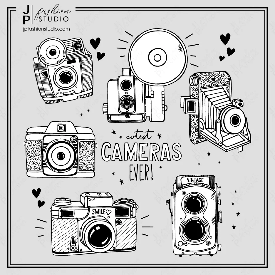 Vintage Cameras illustrations Doodle style, Digital Print For T-Shirt, Hand drawn Antique Photography Elements, Black and White