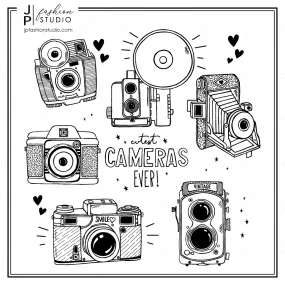 Vintage Cameras illustrations Doodle style, Digital Print For T-Shirt, Hand drawn Antique Photography Elements, Black and White