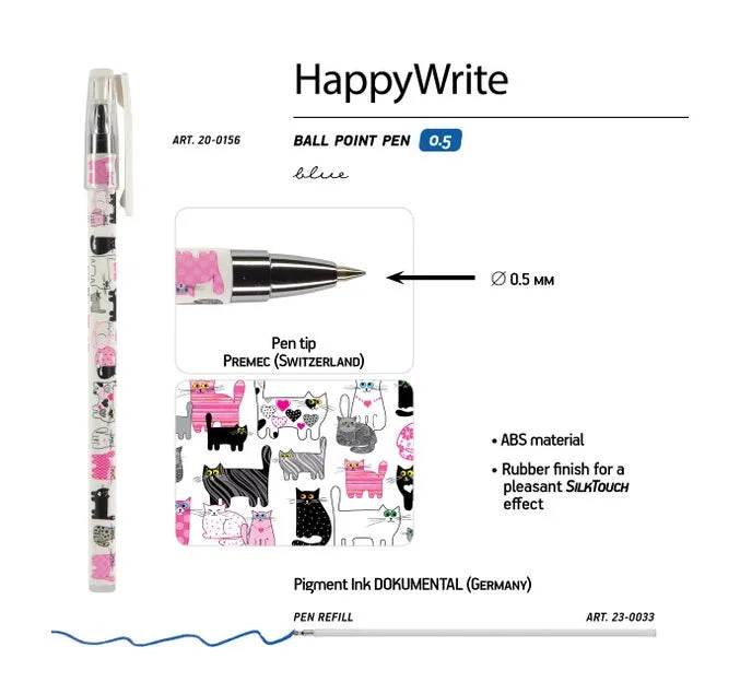 White/Pink Kitten Cat theme Ball Point Pen Blue Ink Refillable, 0.7mm.- Great Teenager Gift, 1 Count