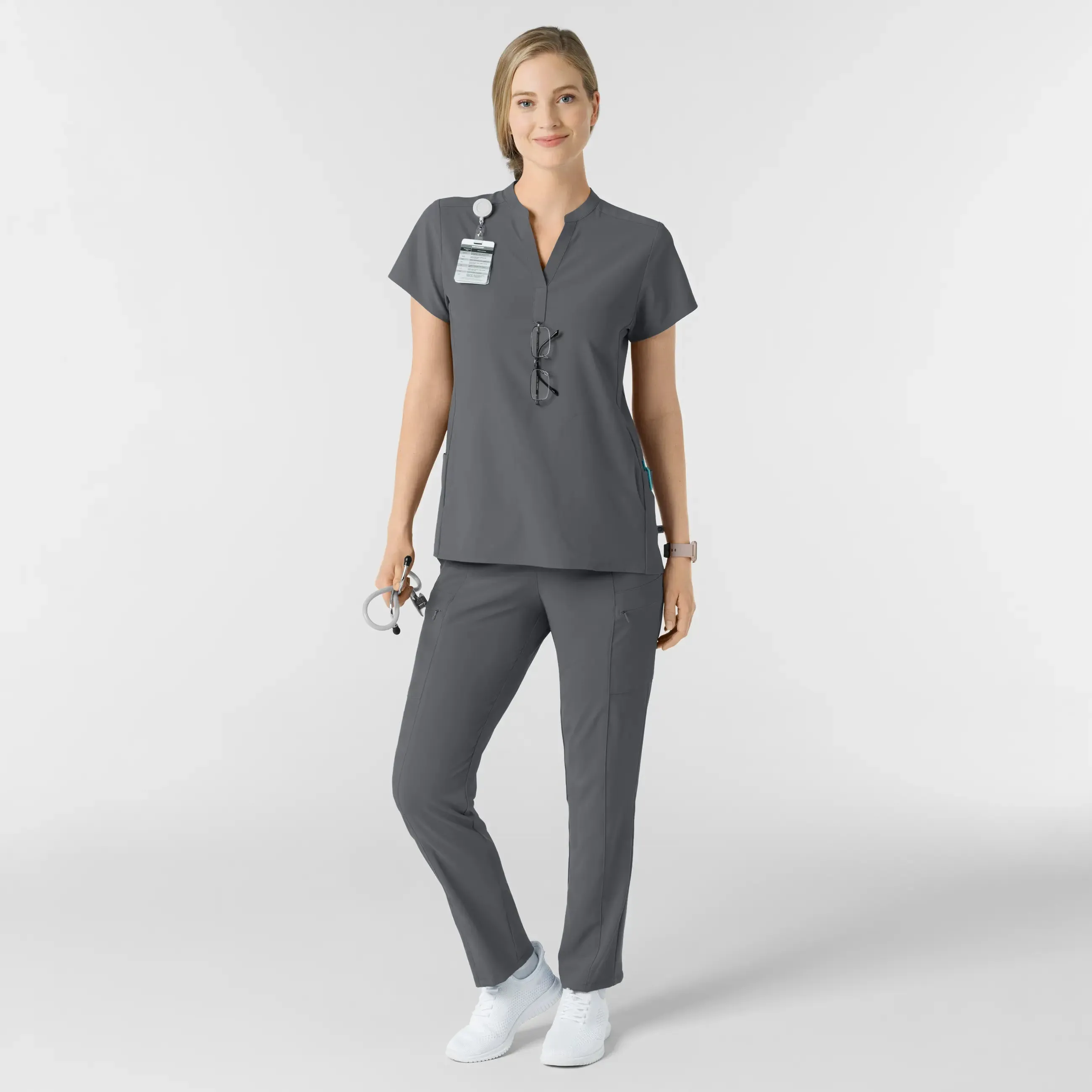 Wink Women's Mandarin Collar Scrub Top - Pewter