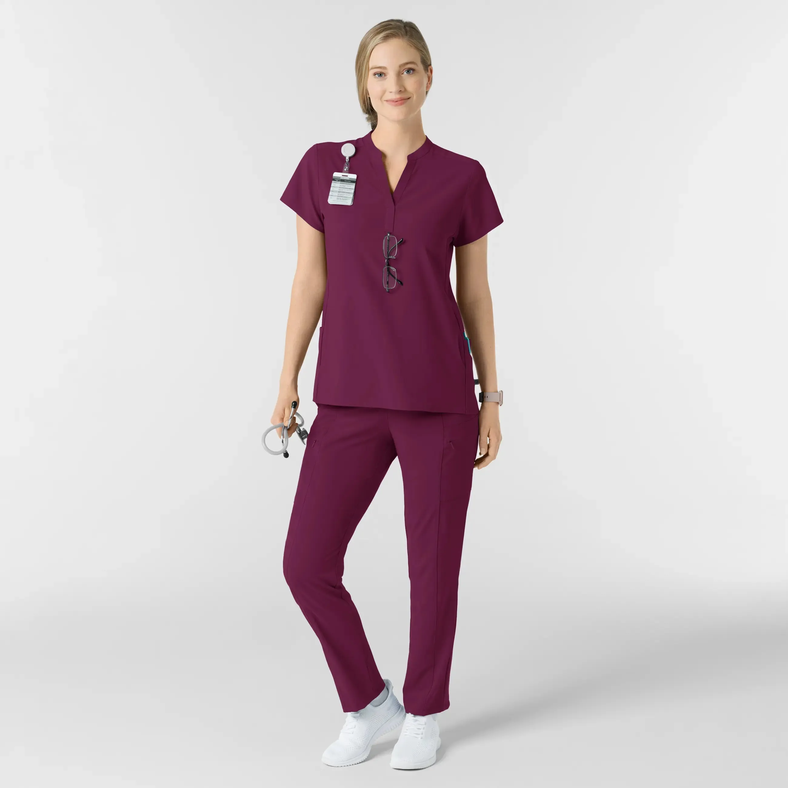 Wink Women's Mandarin Collar Scrub Top - Wine