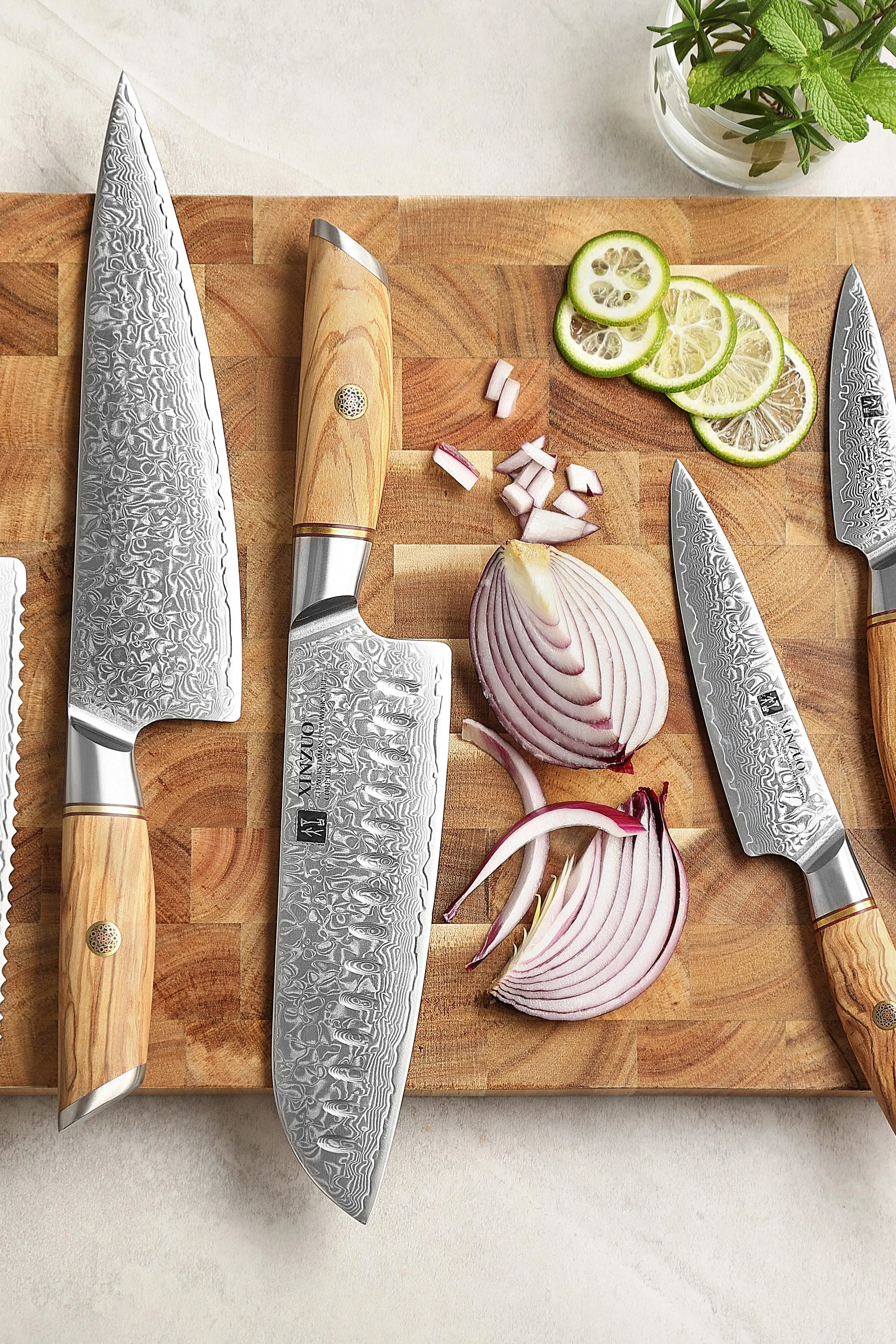 XINZUO B37 5 Pcs Knife Set with Olive Wood   Copper Flower Nails Damascus Steel 62-64 HRC K
