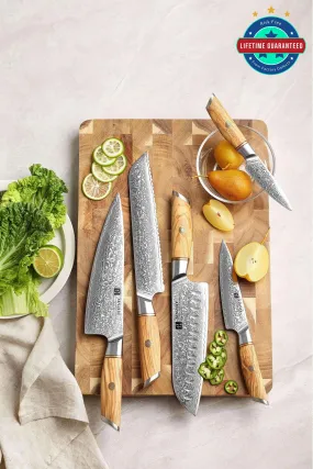 XINZUO B37 5 Pcs Knife Set with Olive Wood   Copper Flower Nails Damascus Steel 62-64 HRC K