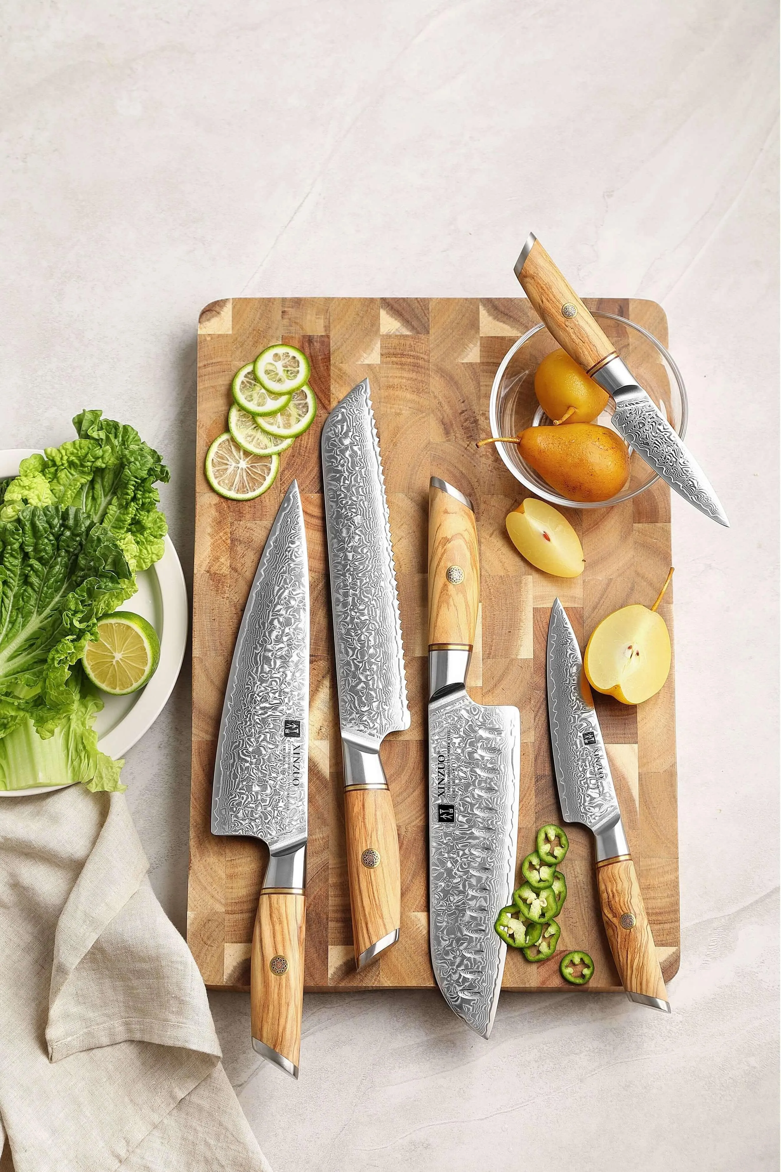 XINZUO B37 5 Pcs Knife Set with Olive Wood   Copper Flower Nails Damascus Steel 62-64 HRC K