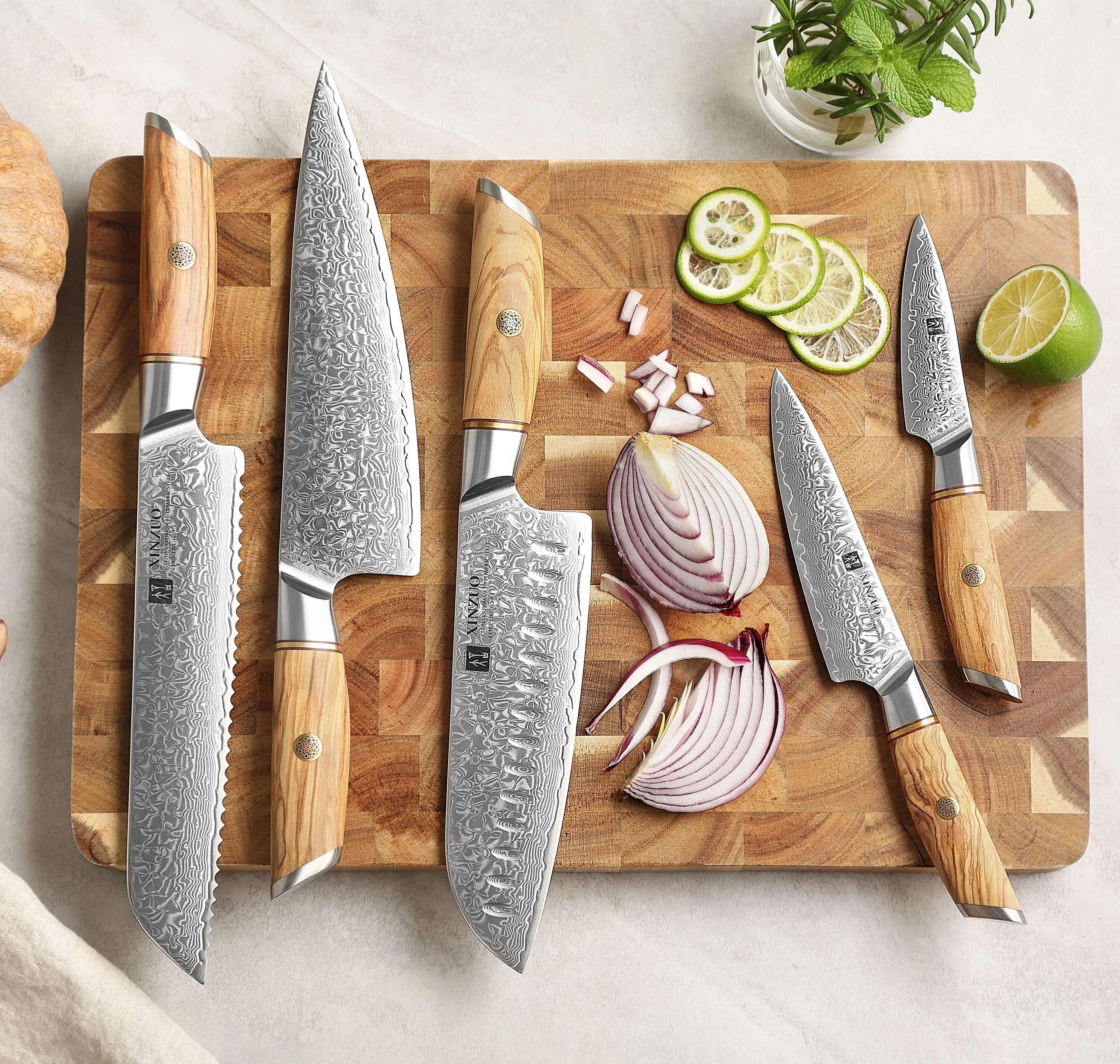 XINZUO B37 5 Pcs Knife Set with Olive Wood   Copper Flower Nails Damascus Steel 62-64 HRC K